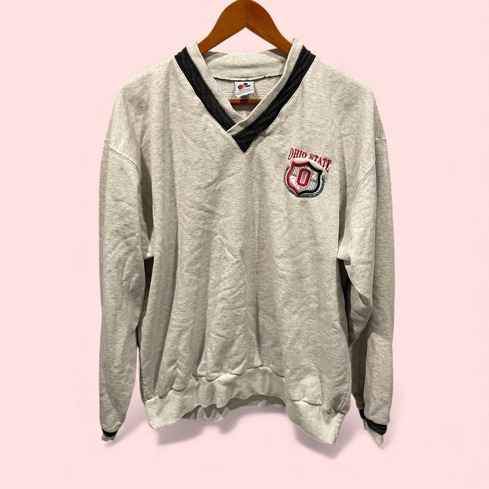 Vintage 80s Ohio State heather gray sweater trim sweatshirt crest v-neck oversiz